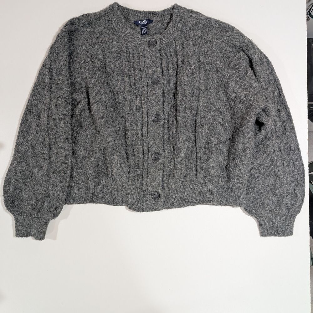 Chaps 2X Plus Size Charcoal Cable Knit Button Front Cardigan | Classic Heritage